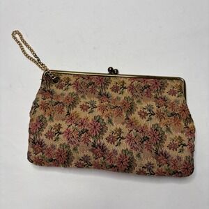 Vintage Floral Tapestry Kiss Lock Clutch Retro Granny Cottage Pink Boho SEE